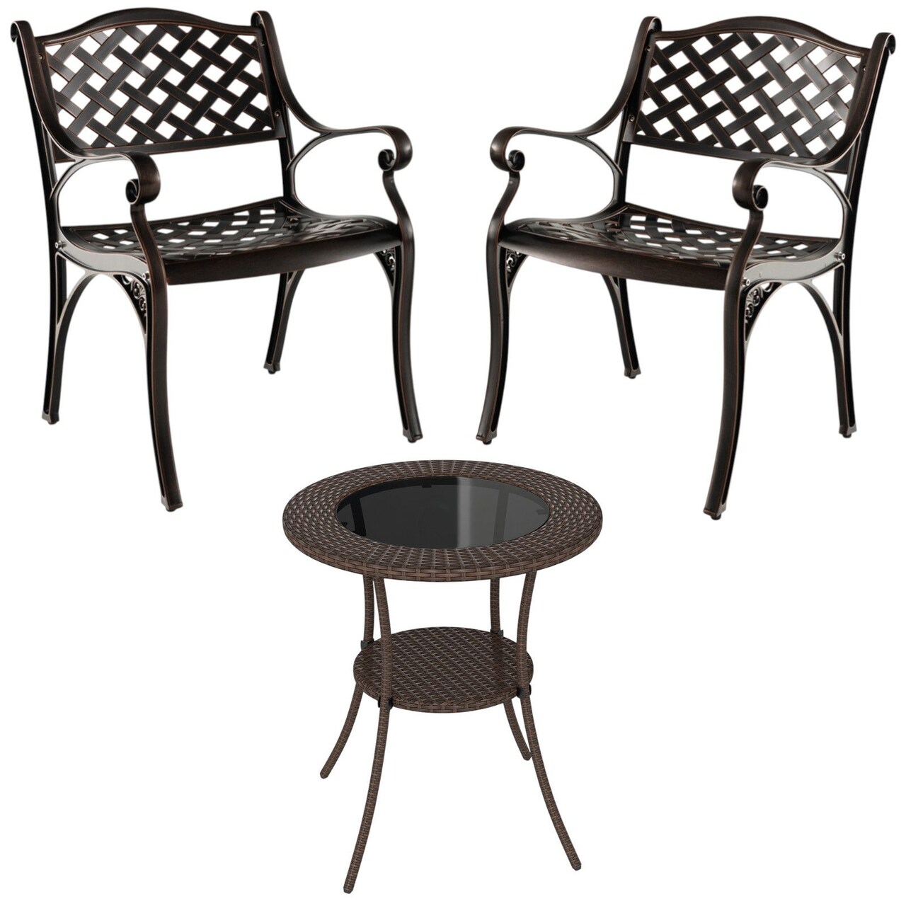 3 Piece Brown Rattan Patio Bistro Set with Tempered Glass Table and Aluminum Chairs